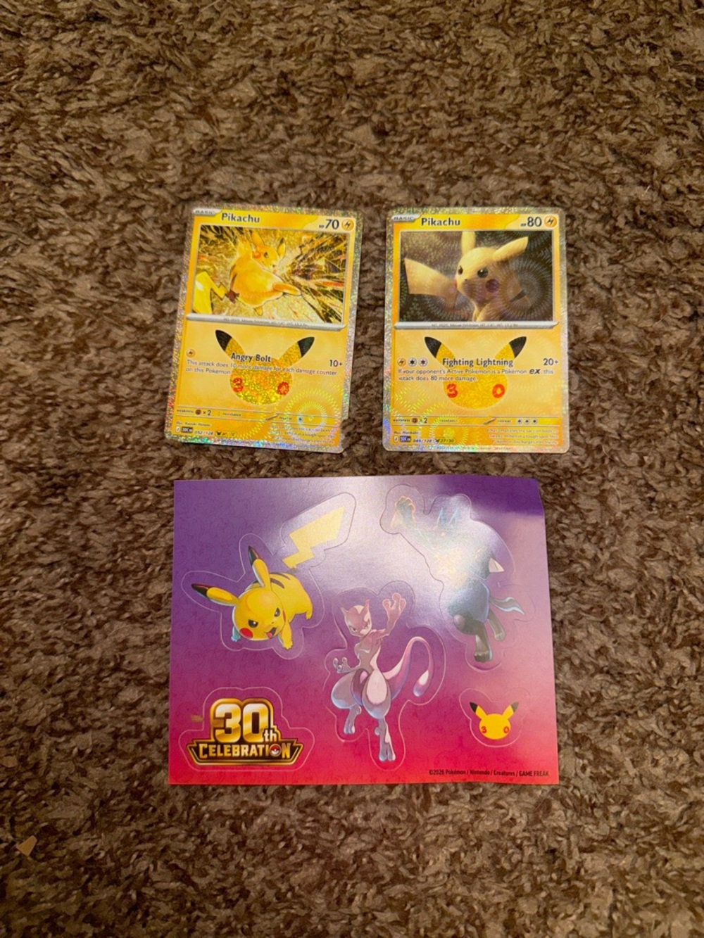 Pokemon 30th Anniversary Pikachu Cards 052 & 049 + Tech Stickers
